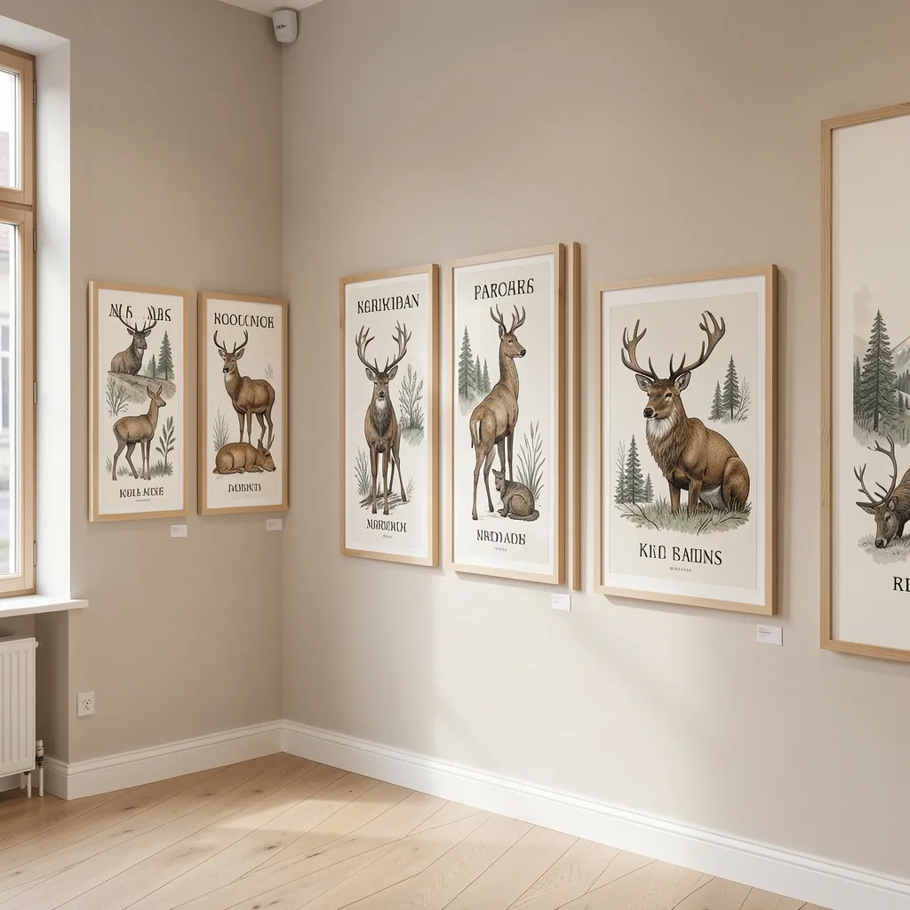 Nordic forest wildlife illustration featuring deer and fox in winter landscape